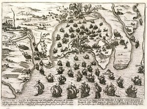 Plán přístavu Cádiz v roce 1596 v době útoku sira Waltera Raleigha (rytina) od Unbekannter Künstler
