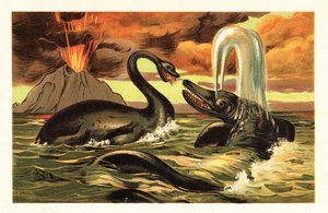 Plesiosaurus a Ichthyosaurus bojující před erupcí 1908 (litografie) od Unbekannter Künstler