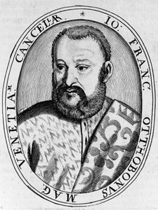 Portrét Francesca Ottoboniho (16. století), velkého kancléře Benátek, rytina od William M. Timlin