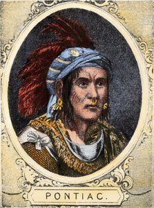 Portrét Pontiaca (nebo Obwandiyaga, asi 1714-1769), náčelníka indiánského kmene Outaouais v Detroitu (národ Ottawa). Barevná rytina z 19. století. od Unbekannter Künstler