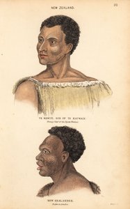 Portrét Te Kewitiho, syna Te Kauwaina, mladého náčelníka maorského kmene Ngate Watnas na Novém Zélandu, a portrét potetovaného Maora na Novém Zélandu, který nakreslil Agasse v Londýně. Ručně kolorovaná ocelorytina od Lizarse podle ilustrace Charlese Hamilt od Unbekannter Künstler