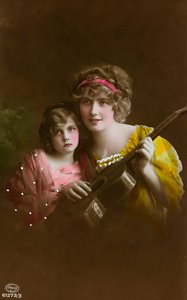 Pohlednice zobrazující dvě ženy s kytarou, "Album para Tarjetas postales" od Unbekannter Künstler