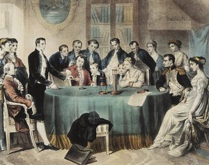 Voltova prezentace pokusů s elektrickou baterií prvnímu konzulovi Napoleonu Bonapartovi v roce 1801 (rytina) od Unbekannter Künstler