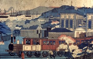 Železnice v japonském přístavu, konec 19. století (rytina) od Unbekannter Künstler