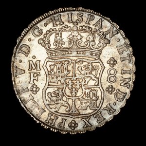 Vzácná stříbrná mince, Španělská Amerika, král Ferdinand VI, 8 Reale, korunovaný štít se španělskými znaky 1740 (foto) od Unbekannter Künstler