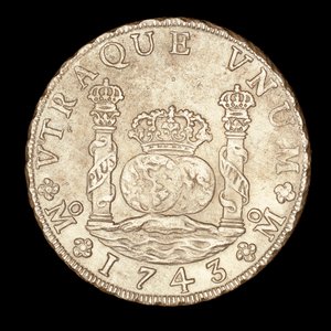 Vzácná stříbrná mince, Španělská Amerika, král Ferdinand VI, 8 Reale, Herkulovy sloupy na Gibraltské úžině s glóby, koruna od Unbekannter Künstler