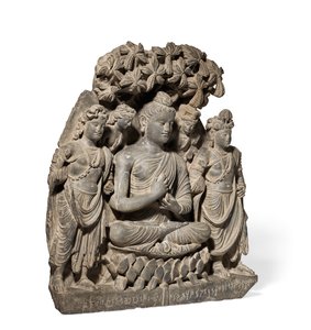 Reliéfní triáda Buddhy Šákjamuniho s bódhisattvy, 3.-4. století (šedá břidlice) od Unbekannter Künstler