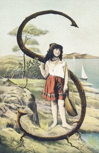 S: Mladá dívka v krátké sukni a živůtku bez rukávů drží v levé ruce mandolínu. Venkovský dekor - abecední znaky Ref Th. E., L. Theochrom - Serie 994. Theodor Eisman, vydavatel, Lipsko od Unbekannt