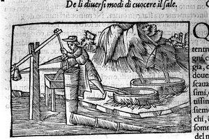 Výroba soli: vaření. Rytina Olause Magnuse (1490 - 1557), švédského náboženského a geografa, "Historie severního národa", Benátky od Unbekannt