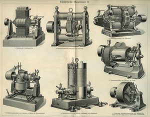 Věda a technika deska zastupující německé elektrické stroje. Ilustrace převzata z „Meyers Grosses Konversations - Lexikon““ 1904. Bibliographers Institute, Lipsko a Vídeň od Unbekannt