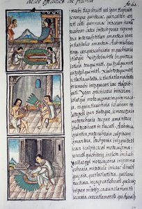 Sada ozdob a peříčkové čelenky císařů, stránka z Florentského kodexu, dvojjazyčná verze ve španělštině a nahuatlu, Obecná historie věcí Nového Španělska, španělský misionář Fray Bernardino de Sahagun. Aztécká civilizace od William M. Timlin