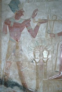 Seti I nabízející kadidlo Horovi, Chrám Setiho I., Egyptská Nová říše, XIX. dynastie, kolem roku 1318 př.nl (polychromovaný reliéf) od Unbekannt