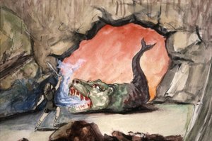 Siegfried zabíjí draka Fafnera, konec 19. století (ilustrace) od Unbekannter Künstler
