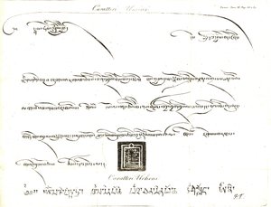 Ukázky znaků uminn a učen v tibetském jazyce. Ilustrace poručíka Samuela Davise Z knihy kapitána Samuela Turnera (1759-1802) Zpráva o vyslanectví na dvoře tibetského lamy Těšóa v roce 1800. Mědirytina od dell