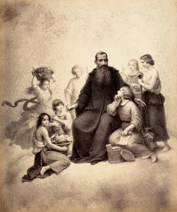 Svatý Benedikt na trůně je obklopen mládeží se svazky pšenice a košíky ovoce. Ilustrace z XXXII. kánonu v Ráji Božské komedie od Dante Alighieriho. Dílo Francesca Scaramuzzy věnované florentskému magistrátu. od Unbekannter Künstler
