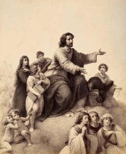 Svatý Jan Evangelista s rozpaženýma rukama je obklopen mládeží a anděly; u jeho nohou má orel v pařátech evangelium; mladík po světcově pravici drží knihu Apokalypsy (Zjevení). Ilustrace Canto XXXII od Unbekannter Künstler