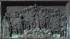 Štrasburk, basreliéf sousoší Gutenberga. Evropa od William M. Timlin