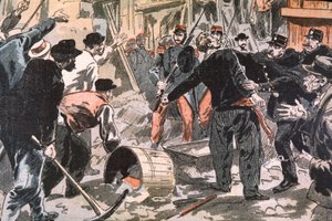 Boj mezi bretonskými grevisty a pořádkovými silami na staveništi, Paříž, počátek 20. století (rytina) od Unbekannter Künstler