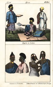 Súdánské ženy v pruhovaných šatech. Níže demmes z Timbuktu (Mali) a tibbské ženy ze Sahary. Litografie pro knihu: "Galerie complete en tableaux fideles des peuples d
