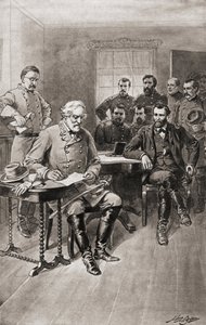 Kapitulace Roberta E. Leeho generálu Ulyssesovi S. Grantovi v Appomattox Court House ve Virginii 9. dubna. od Unbekannter Künstler