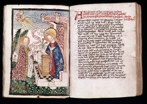 Zvěstování, ilustrace z „Knihy hodin“ (vellum) od Unbekannt