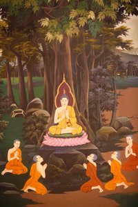 Buddha kázal své první kázání pěti mnichům, nástěnná freska, chrám Wat Botum, Phnom Penh, 2022 (foto) od Unbekannter Künstler