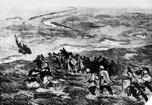 Čínská Rudá armáda prochází močálem.“ Dřevoryt Li Huan-min. Rudá armáda je zobrazena při přechodu přes močál v roce 1935 od Unbekannt