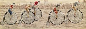 The Last Lap, Penny Farthing Race tkaný hedvábný Stevengraph, autor Thomas Stevens z Coventry od Unbekannter Künstler