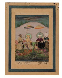 Mughalský císař Shah Jahan se svým předkem Timurem (kvaš se zlatem na papíře) od Unbekannter Künstler