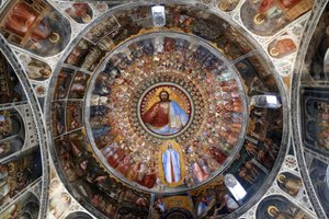 Baptisterium v Padově. Stropní fresky ze 14. století od Giusto de Menabuoi. Ráj. Žehnání Kristu s anděly, patriarchy, proroky a svatými. Padova. Itálie. (fotografie) od Unbekannt