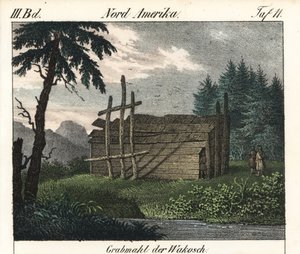 Dřevěná hrobka indiánů z kmene Wakashan (Kanada). Litografie pro knihu: "Friedrich Wilhelm Goedsche (1785-1863), Míšeň (Německo). od Unbekannter Künstler