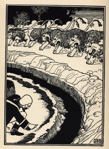 Baron se brání útoku lvů zapálením střelného prachu. Ilustrace Williama Stranga (1859-1921) a JB Clarka z „Dobrodružství barona z Munchausenu (Munchhausen) od Rudolfa Ericha Raspeho (1736-1794) (1789) od Unbekannt