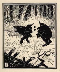 Baron odpálí černého medvěda dvěma pazourky. Ilustrace Williama Stranga (1859-1921) a JB Clarka z „Dobrodružství barona z Munchausenu (Munchhausen) od Rudolfa Ericha Raspeho (1736-1794) (1789) od Unbekannt