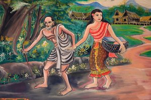 Den před. Setkání s vesničanem. Cesta osvícení. Život Buddhy. Stropní umělecká díla zobrazující život Buddhy. Wat Inpeng. Vientiane. Laos, 20151029, Vientiane, Laos od Unbekannt