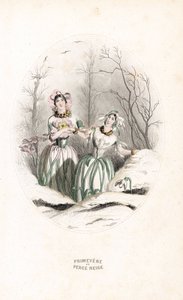 Poplatky prorážejí sníh a pramení v zasněžené krajině - Eau forte od Charlese Geoffroye (1819-1882) podle ilustrace Jeana Ignace Isidora Gerarda dit J.J.J.Granville (1803-1847) pro Les fleurs animees. od Unbekannter Künstler