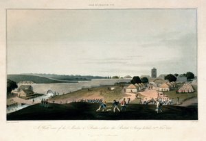 Île de France (Mauricius), západní pohled na mlýn v Pondre, kde 30. listopadu 1810 zůstala umístěna britská armáda. Barevný lept od Unbekannter Künstler