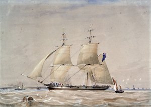 Plachetnice HMS "Rolla", na první pohled, na moři. Akvarel vylepšený bílou barvou od Unbekannter Künstler
