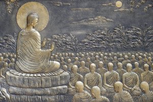 Buddhistický chrám Tinh Xa Ngoc Chau, Život Buddhy, Siddhártha Gautama, Buddha s žáky, učení, Buddha nabádal svých prvních šedesát arahantských učedníků, aby se vydali různými směry kázat Nauku,   Chau Doc, Vietnam, 2018 (pho od Unbekannt