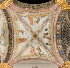 Transept na jih, třetí západní úsek, Isaac žádá Exhaù, aby mu přinesla hru, Rebecca obléká Jacoba do šatů Exhaù, Jacob mylně označený za Exhaù dává jídlo Izákovi, Esaac se vrací se zvěří, Katedrála Santa Maria Assunta, Duomo, Cremona, Lombardie, Itálie ( p od Unbekannt