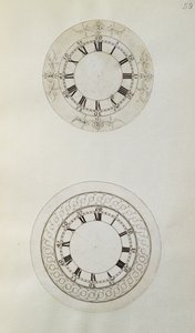Dva návrhy velkých smaltovaných ciferníků hodinek, z mechanických poznámek a kreseb sestavených Johnem Harrisonem (1693-1776) a jeho synem Williamem (asi 1726-72) (pero a inkoust na papíře) od Unbekannt