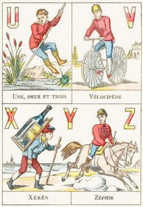 U V X Y Z; U: Jedna, dvě a tři; V: Velociped; X: sherry; Z: Zephir - Games Alphabet, c.1890 (rytina) od Unbekannt