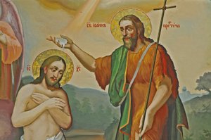 Ukrajina, Kyjev, Kyjev-Percherska Lavra (pravoslavný jeskynní klášter-pův. 1051), Uspenská katedrála-freska Křest Krista od Unbekannt