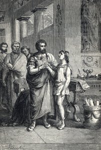Valentinian II uznal římského císaře Gratianem (375). 1888 (rytina) od Unbekannter Künstler