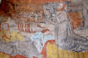 Kostel Vault de Lugny. Nástěnná malba 16. století. Kristus ve svém utrpení. Getsemane, modlí se Ježíš, mezitím učedníci odpočívají. Francie Â od Unbekannt