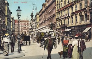 Vídeň, Graben -známá ulice v centru města s procházejícími se lidmi (pohlednice) od Unbekannter Künstler