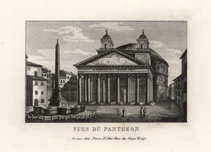 Pohled na Pantheon s fontánou, Fontana del Pantheon a obelisk Macuteo na náměstí Piazza della Rotonda, Řím od Unbekannt