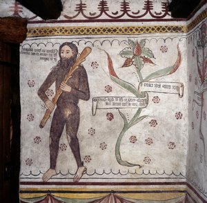 Divoký muž ze Sacco (Homo Selvadego), freska (15. století), dům divokého muže (Uomo Selvatico), Sacco, Cosio Valtellina, Lombardie, Itálie od Benjamin Baud