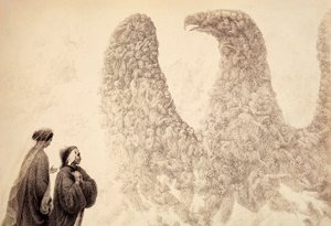 V Jupiterově sféře vidí Dante požehnané duchy, jak se uspořádávají do podoby orla, symbolu říše. Ilustrace z Canto XVIII v Paradisu Božské komedie od Dante Alighieriho. Dílo Francesca Scaramuzzy věnované Munovi od Unbekannter Künstler