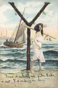 Y: Bosá žena v krátkých šatech bez rukávů drží veslo přes levé rameno. Mořský dekor - abecední znaky Ref Th. E., L. Theochrom - Serie 994. Theodor Eisman, vydavatel, Lipsko od Unbekannt