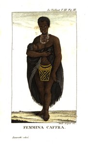 Mladá žena ze Sanu kojící dítě, Jihoafrická republika. Na sobě má plášť, náhrdelníky a sukni z korálků. Od Francoise Le Vaillanta (Levaillant od Unbekannter Künstler